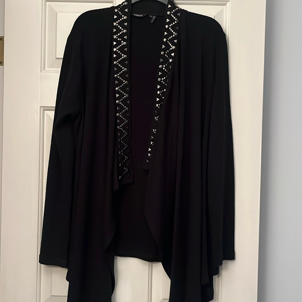 STERA metal embellished trim black sweater open front long cardigan M medium